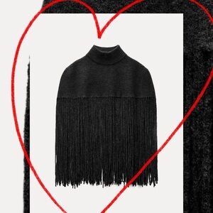 Fringe Knit High Neck Cape.  Great layering piece.
Size Small, Dark Charcoal.
